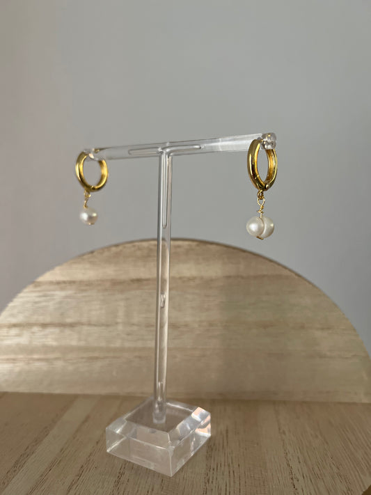 Gold Huggies with Pearl