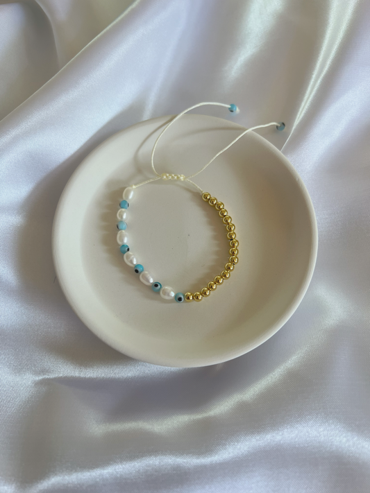 Blue Evil Eye with Pearl and Gold Adjustable Bracelet