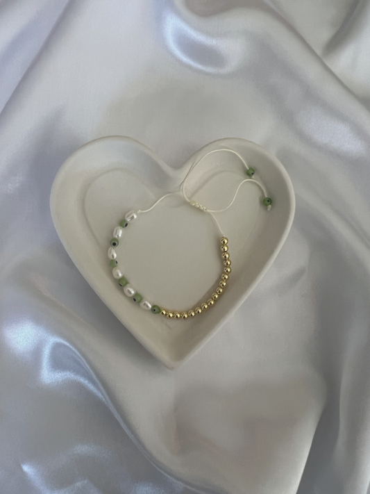 Green Evil Eye with Pearl and Gold Adjustable Bracelet