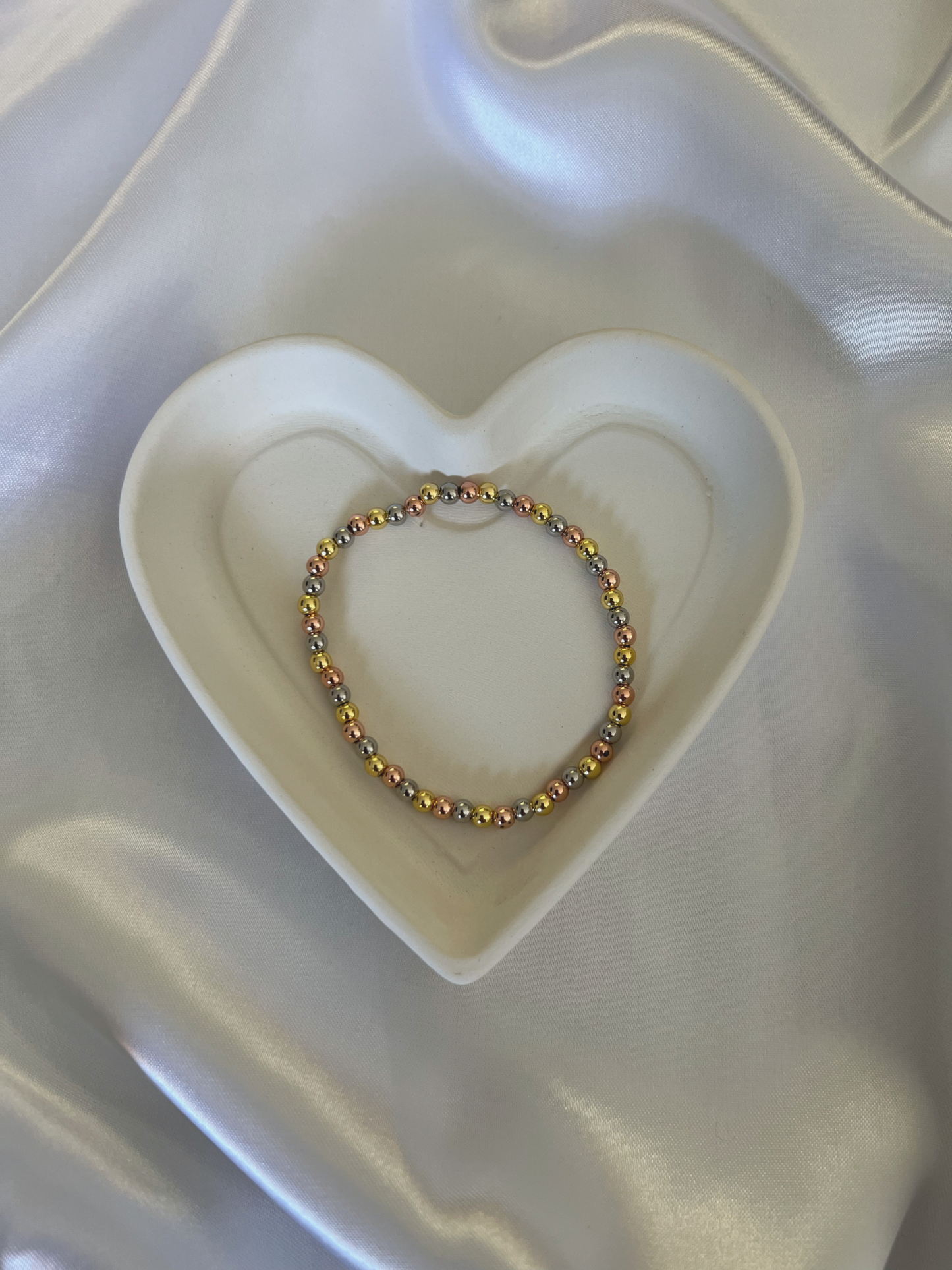 White Gold, Rose Gold, and Gold Beads Bracelet